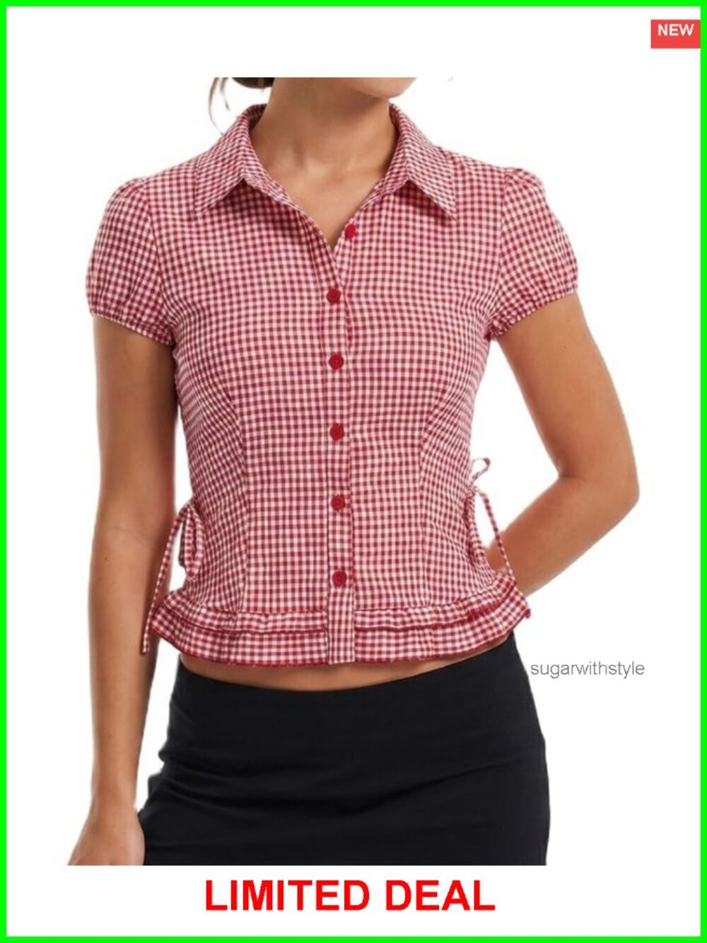 Gingham Short Sleeve Button Down Crop Top Ruffle Hem Slim Fit Blouse